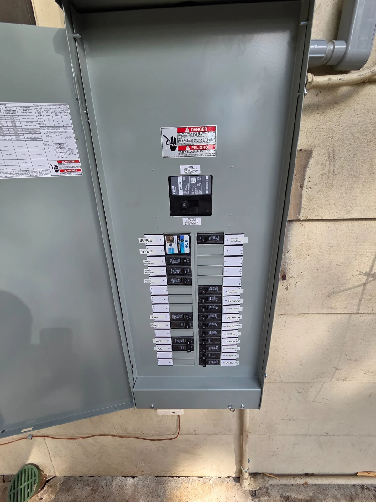 New outdoor electrical panel with installed breakers and surge protection
