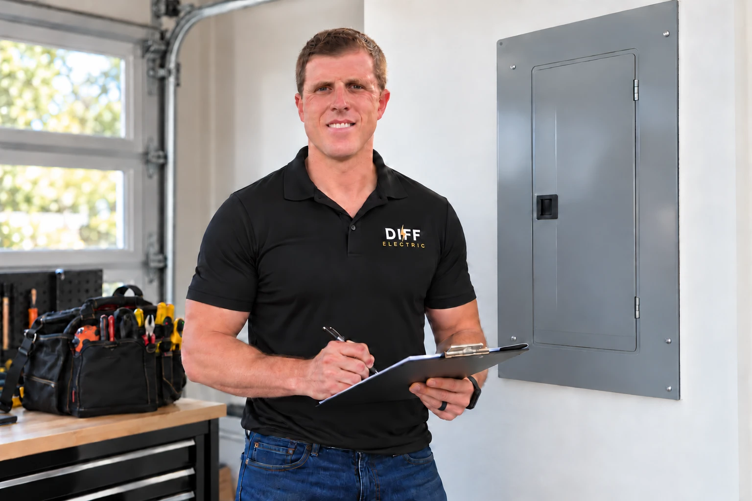 William of Diff Electric beside a residential electrical panel